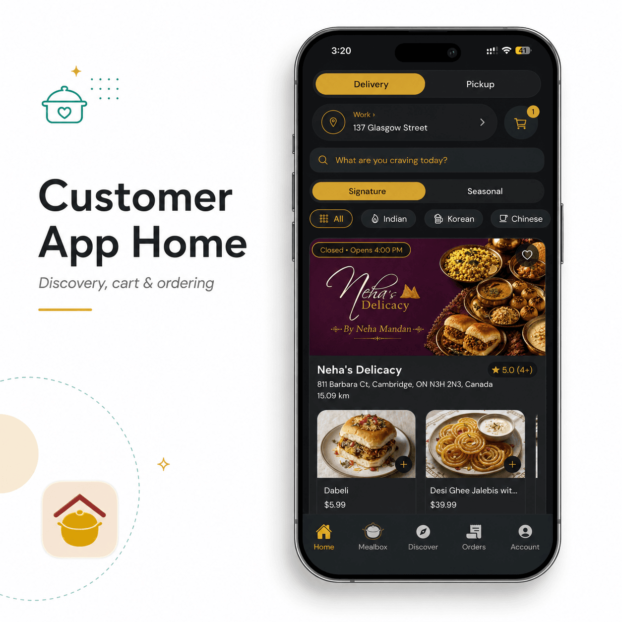 The customer app's home screen, where someone browses available food before ordering.